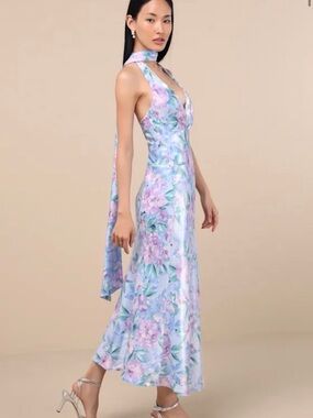 Lulu's Lavender and Pastel Blue Floral Halter Midi Dress